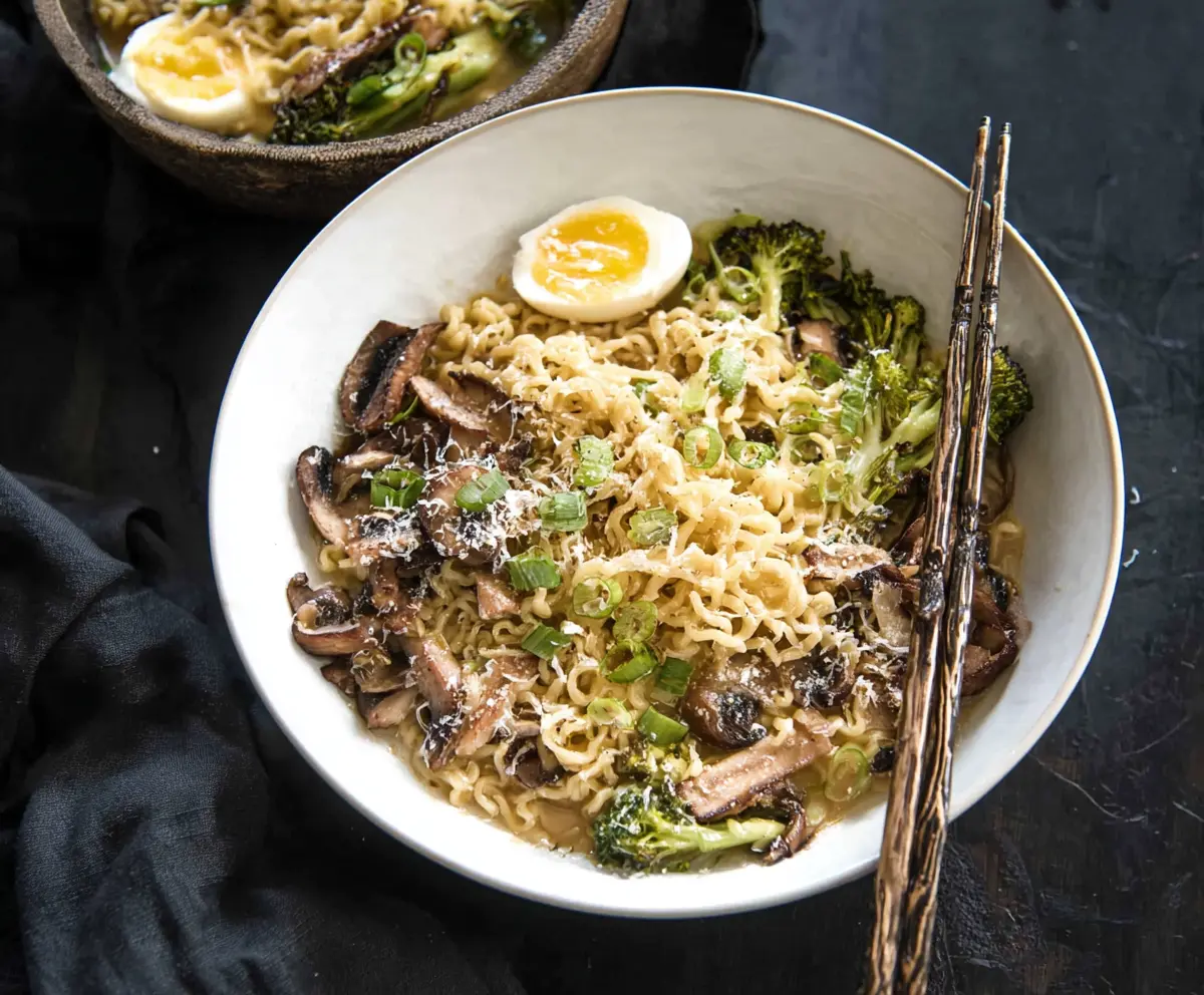 Delicious Garlic Parmesan Ramen bowl garnished with fresh herbs and grated cheese.