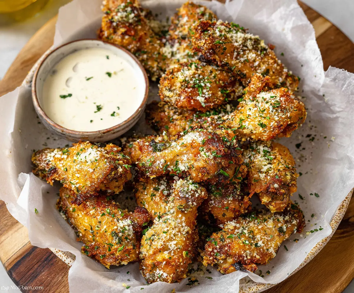 Juicy garlic Parmesan wings on a white plate with fresh parsley garnish, perfect for appetizer or party.