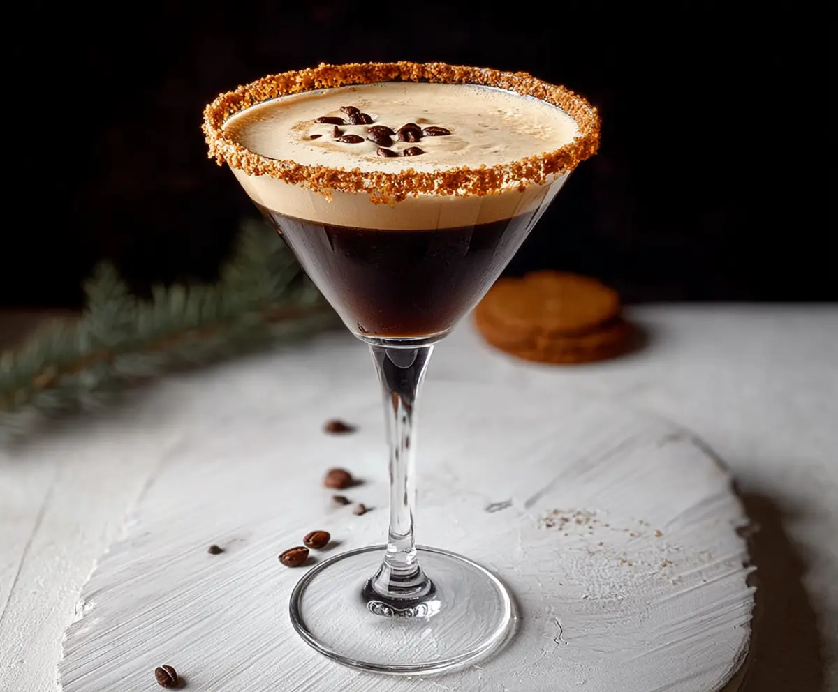 Delicious Gingerbread Espresso Martini served in a cocktail glass with cinnamon and whipped cream topping.