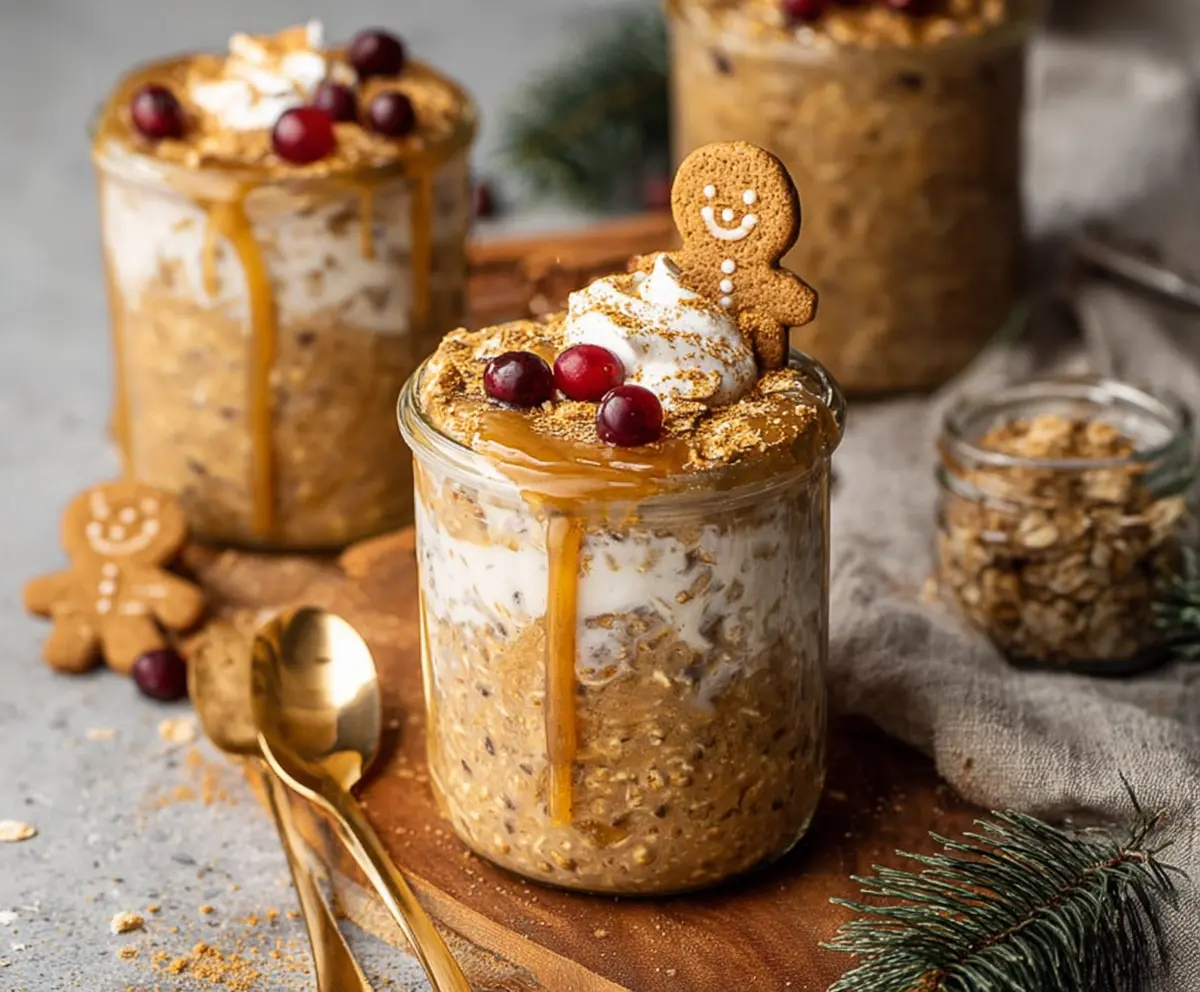 Delicious gingerbread overnight oats topped with cinnamon and whipped cream for a cozy breakfast.