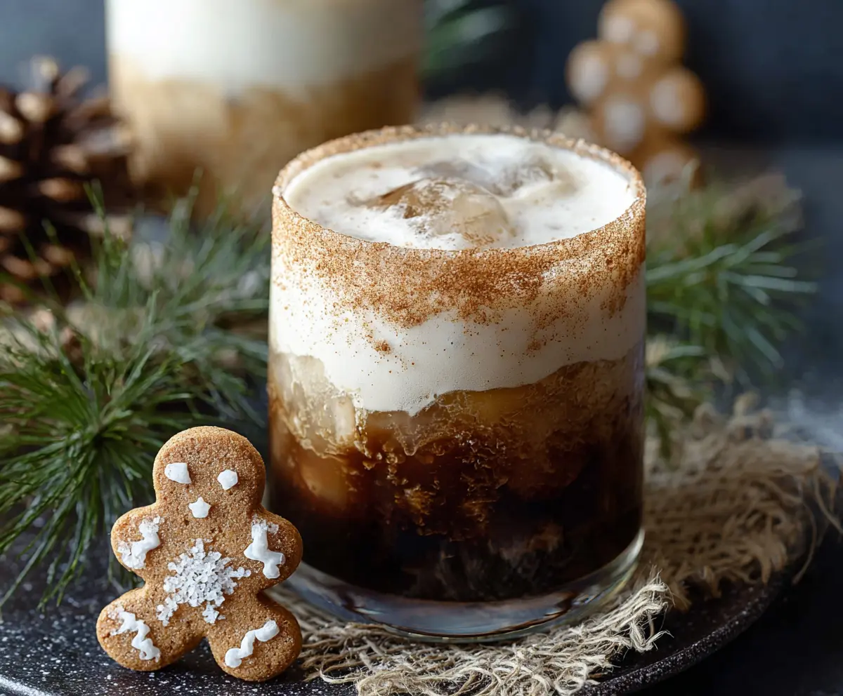 Creamy Gingerbread White Russian cocktail garnished with a gingerbread cookie and whipped cream in a clear glass.