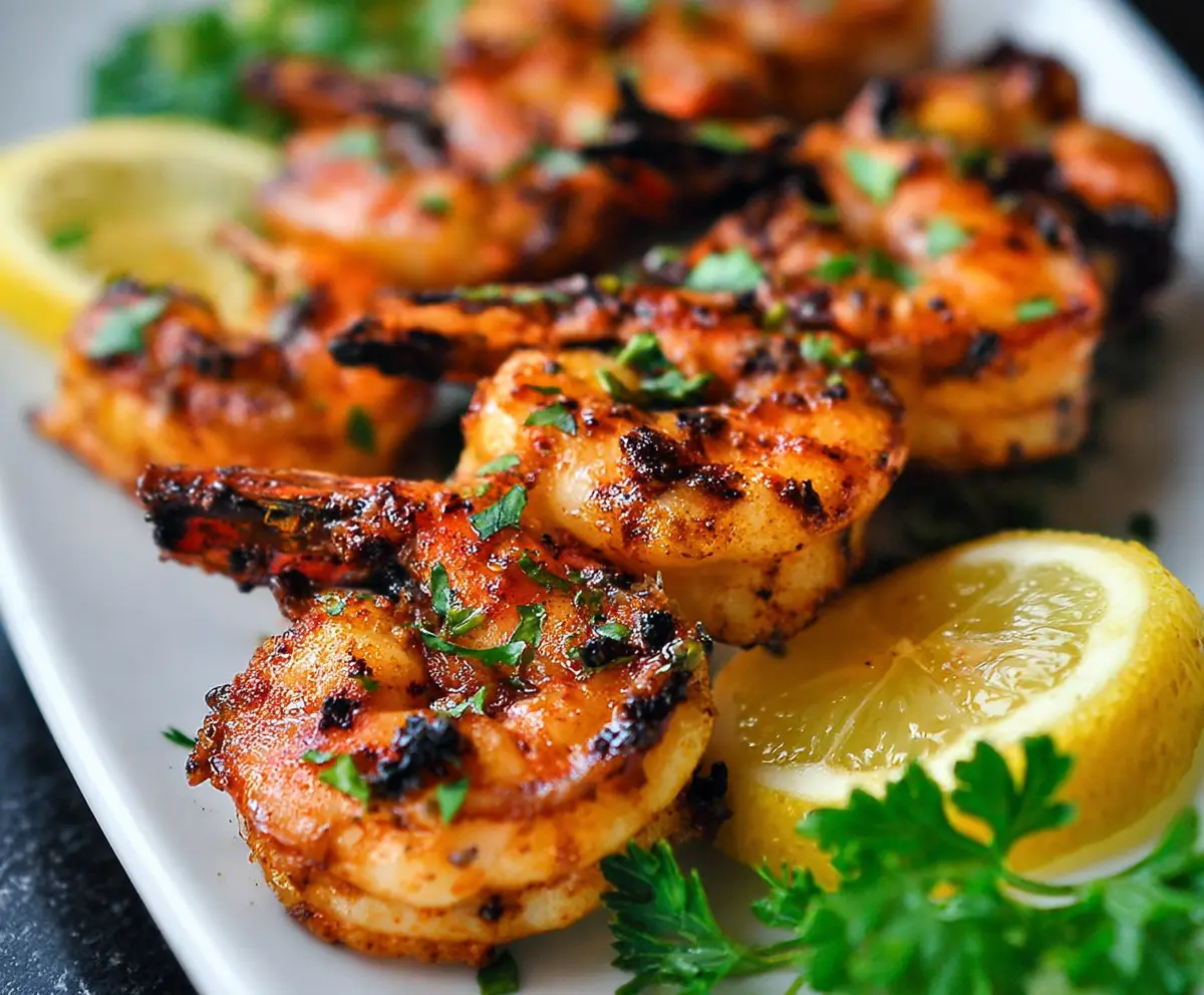 Delicious grilled spicy shrimp on skewers with smoky flavor, perfect for seafood lovers.