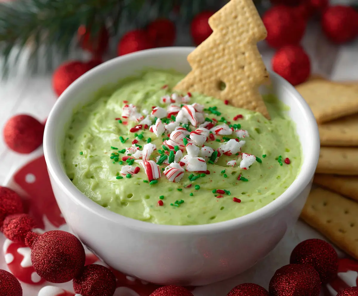 Festive Grinch Dip with a bright green color served in a decorative bowl, perfect for holiday parties.