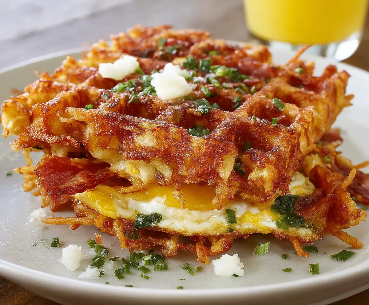 Crispy hash brown waffles served with fresh herbs and a side of dipping sauce