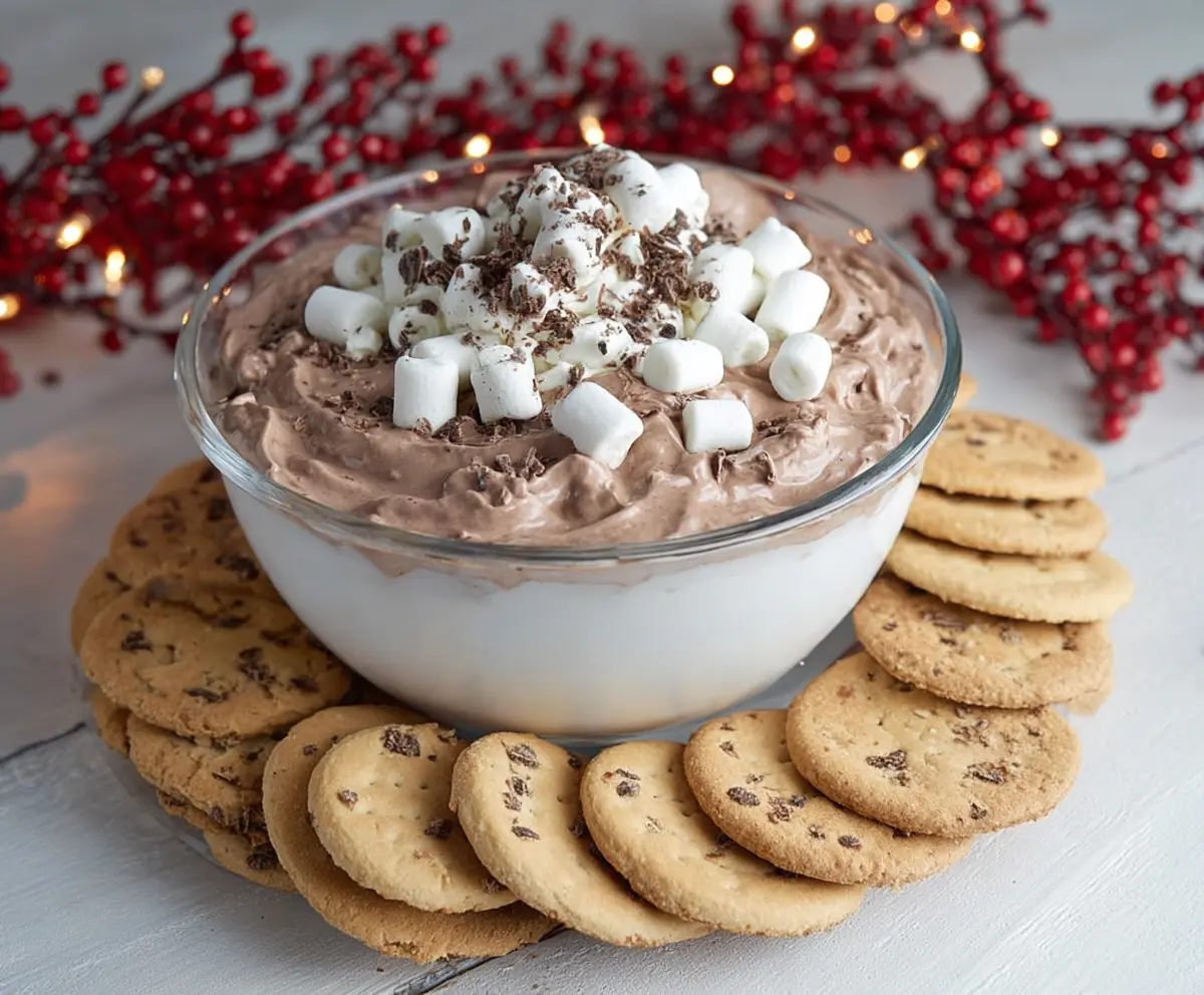 Creamy Hot Cocoa Cheesecake Dip served with marshmallows and chocolate shavings