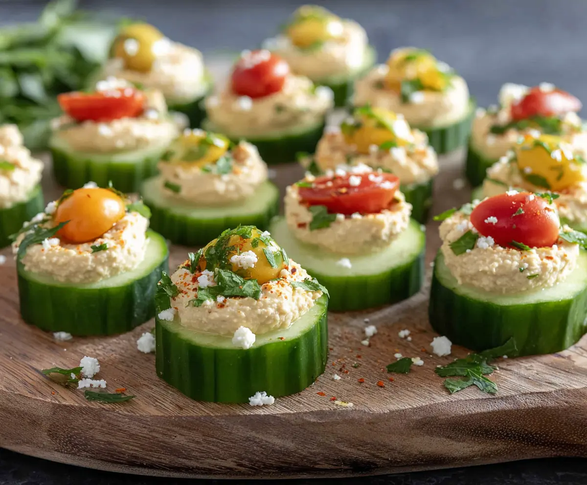 Delicious hummus cucumber bites served as a healthy appetizer with fresh herbs.