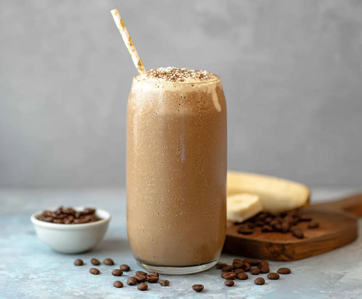 Refreshing iced coffee protein shake in a glass topped with ice cubes and whipped cream
