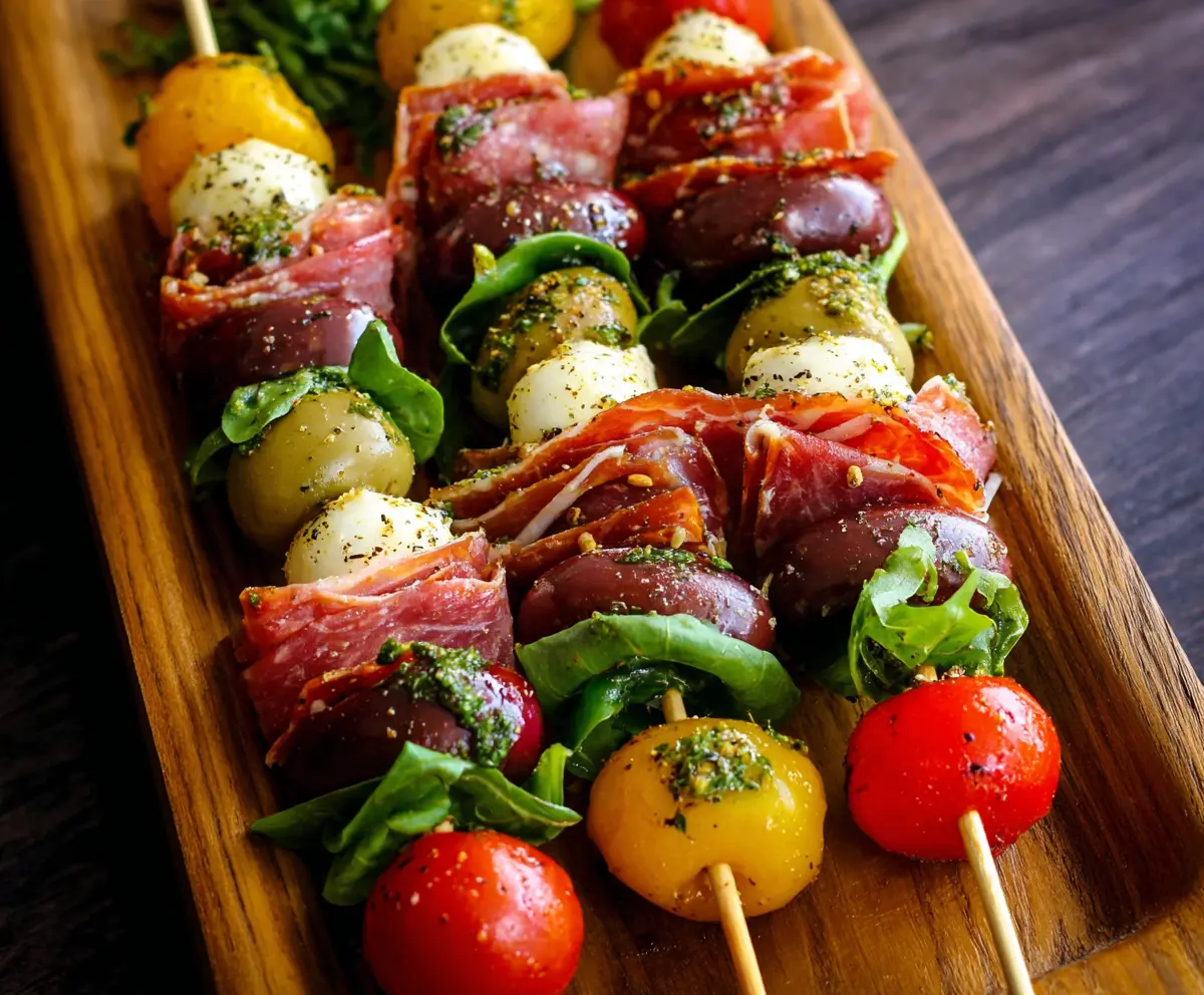 Colorful Italian Antipasto Skewers with assorted cheeses, meats, and vegetables on wooden sticks.