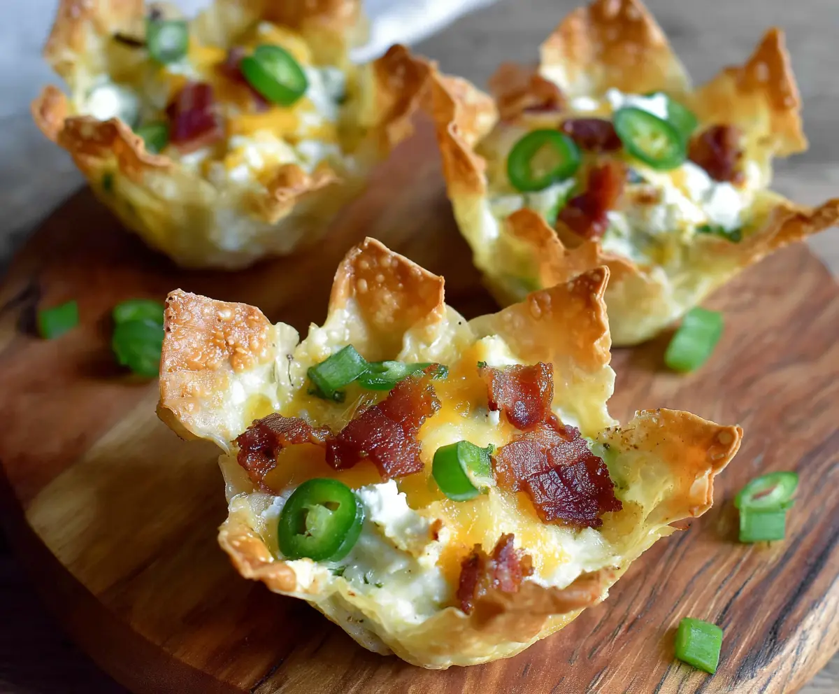 Crispy jalapeno popper wonton cups filled with cheesy jalapeno mixture for a spicy appetizer