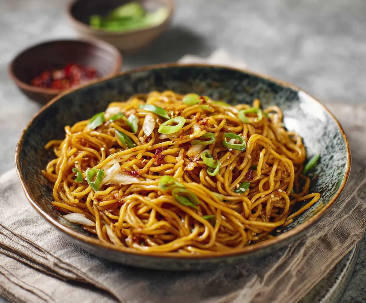 Delicious Japanese garlic fried noodles garnished with scallions on a plate.