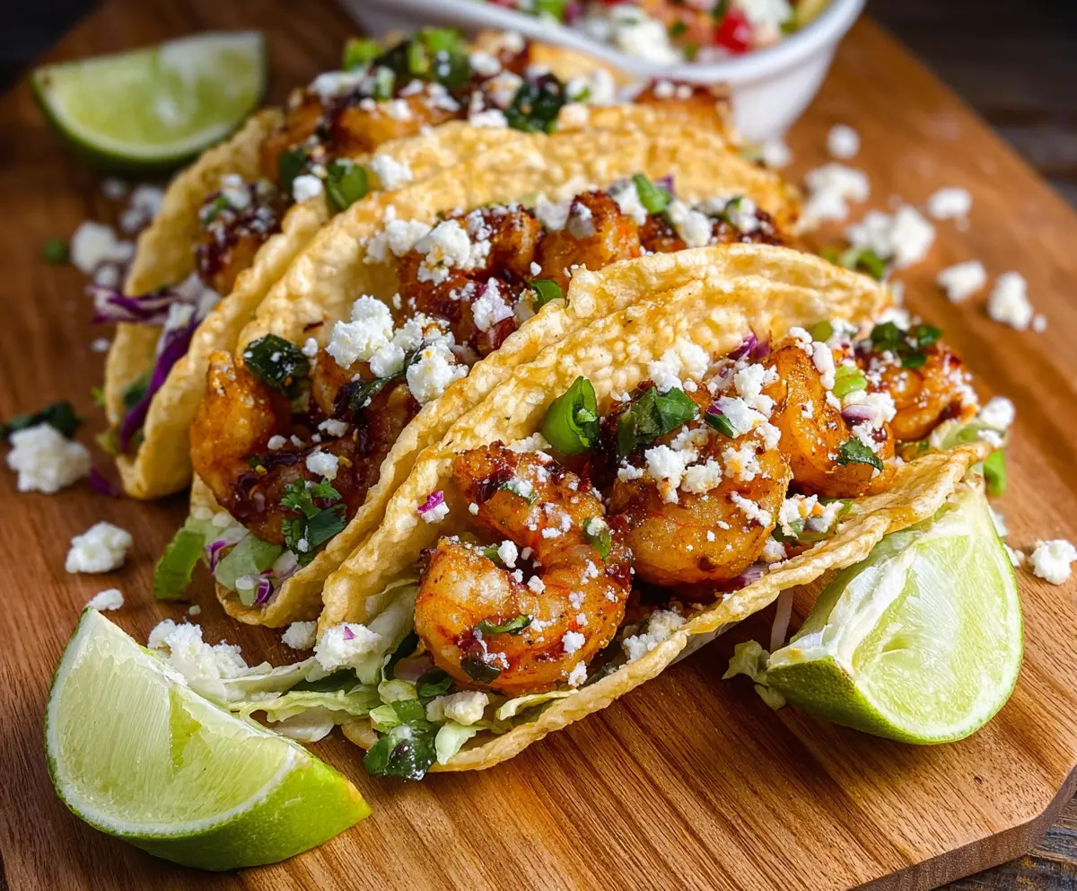 Delicious jerk shrimp tacos garnished with fresh herbs and lime on a vibrant plate