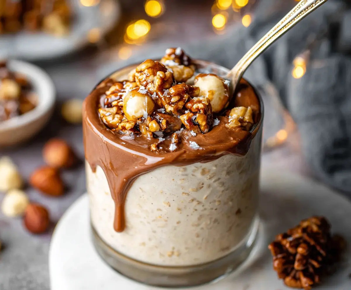 Creamy overnight oats topped with maple syrup and praline bits in a glass jar for Maple Praline Overnight Oats recipe.