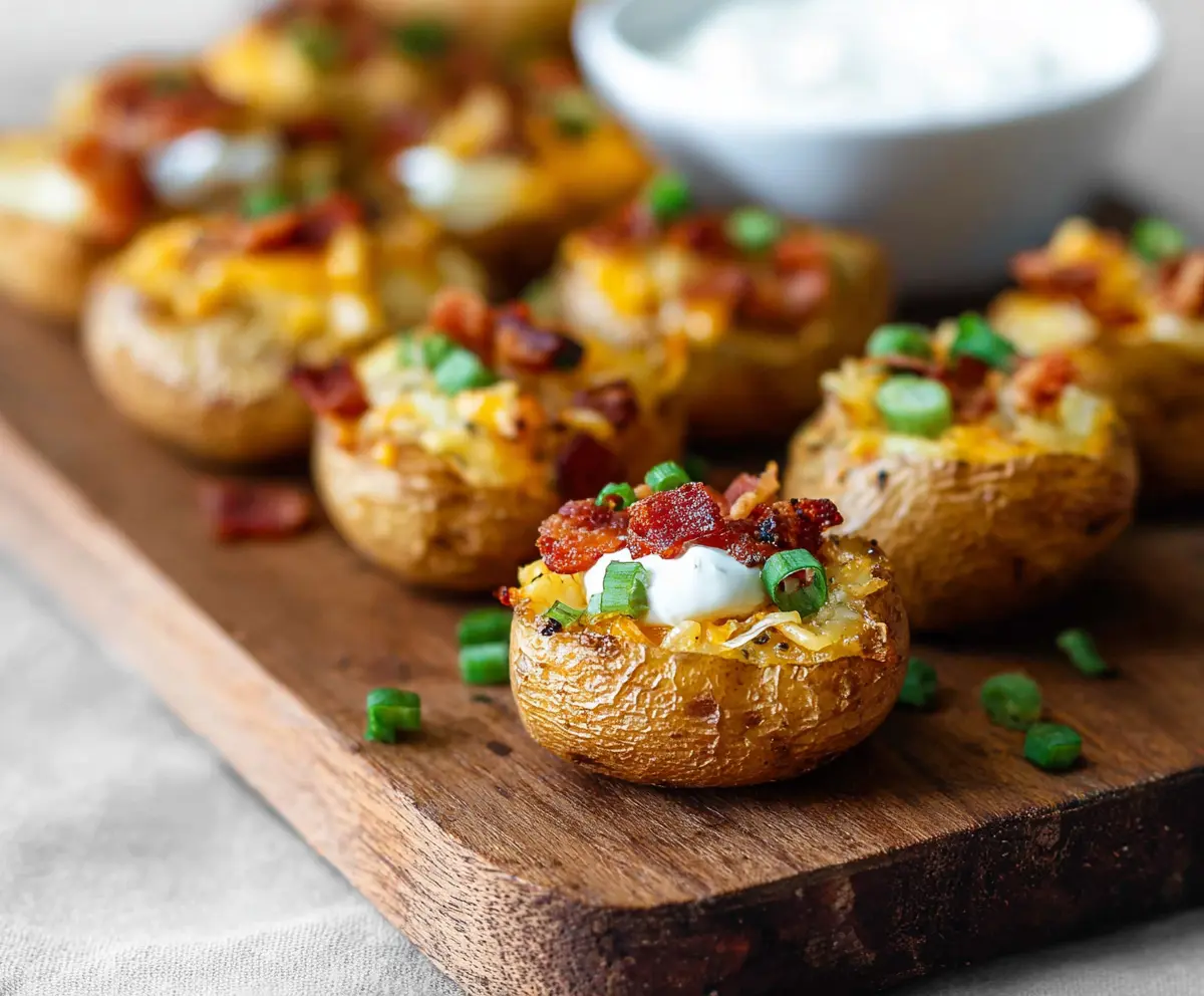 Delicious mini baked potato bites topped with cheese, bacon, and green onions, perfect for appetizers.