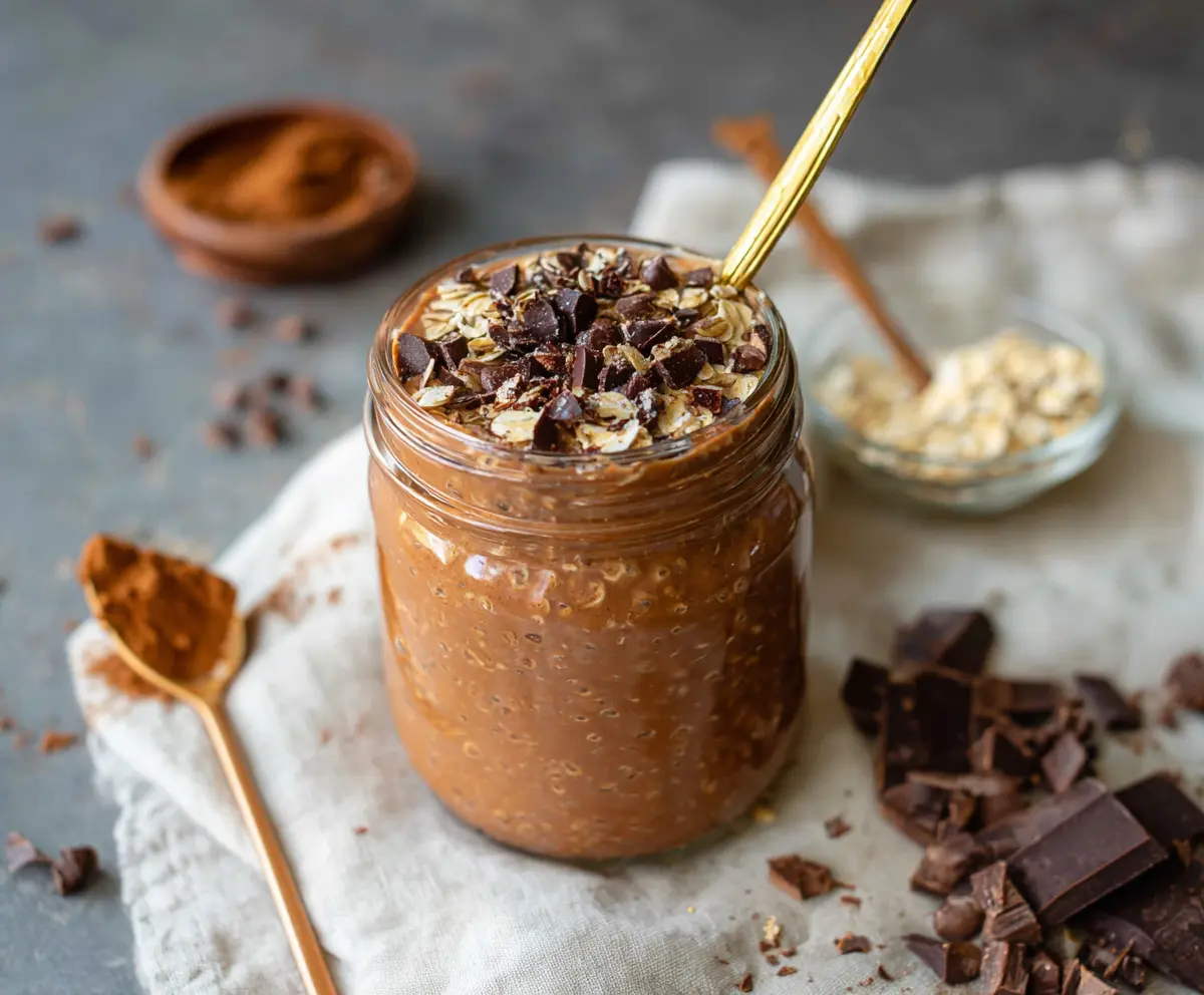 Creamy mocha overnight oats in a glass jar topped with chocolate shavings and coffee beans.