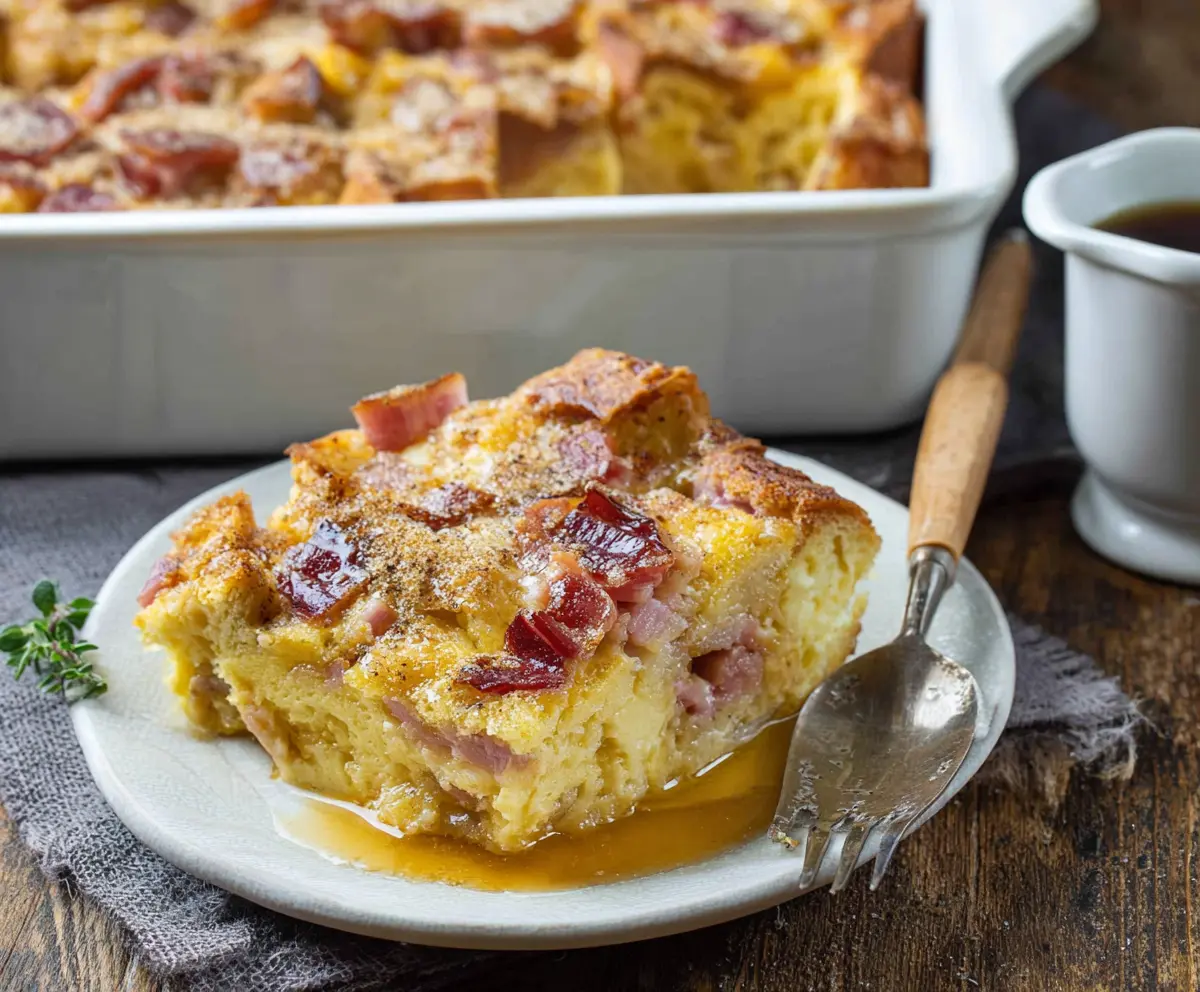 Delicious Monte Cristo Breakfast Casserole with melted cheese and savory ingredients in a baking dish.