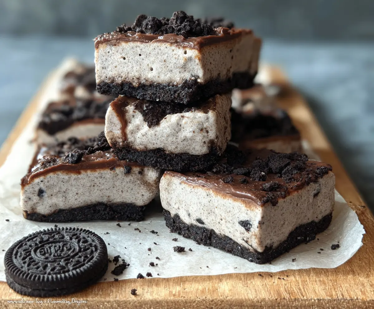 Delicious no-bake Oreo protein bars on a white surface, showcasing rich chocolate and creamy filling.