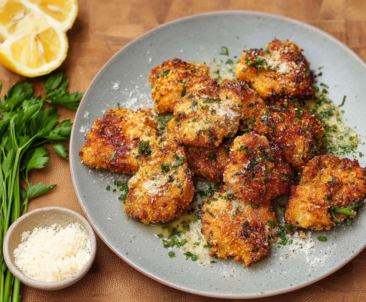Golden Parmesan Herb Chicken Bites served with fresh herbs on a white plate.