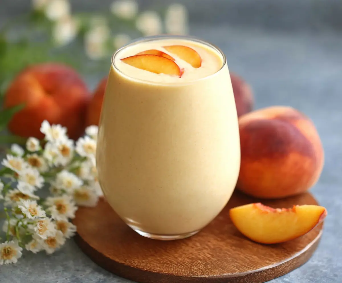 Healthy peach protein smoothie in a glass, topped with fresh peach slices and mint