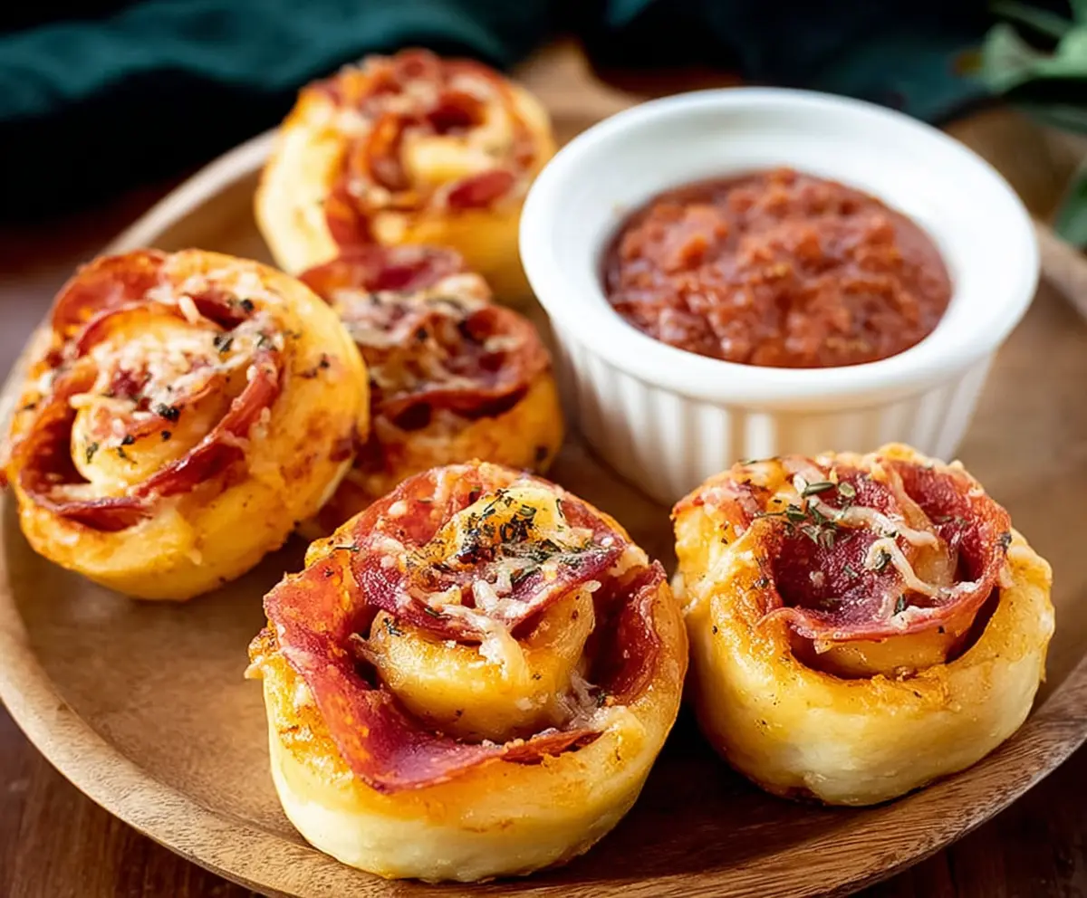Delicious pepperoni pinwheels with crispy pastry and melted cheese.
