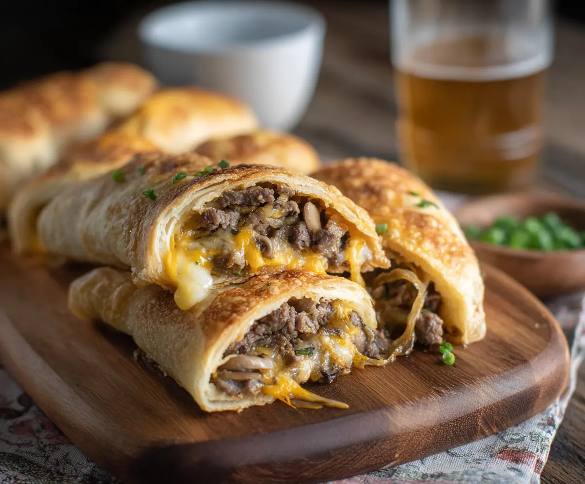 Delicious Philly Cheesesteak Roll Ups with melted cheese and savory beef wrapped in a tortilla.