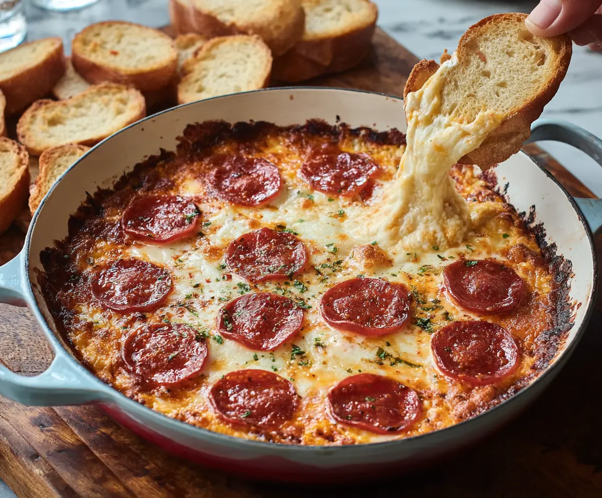 Creamy pizza dip with melted cheese, pepperoni, and fresh herbs in a serving dish