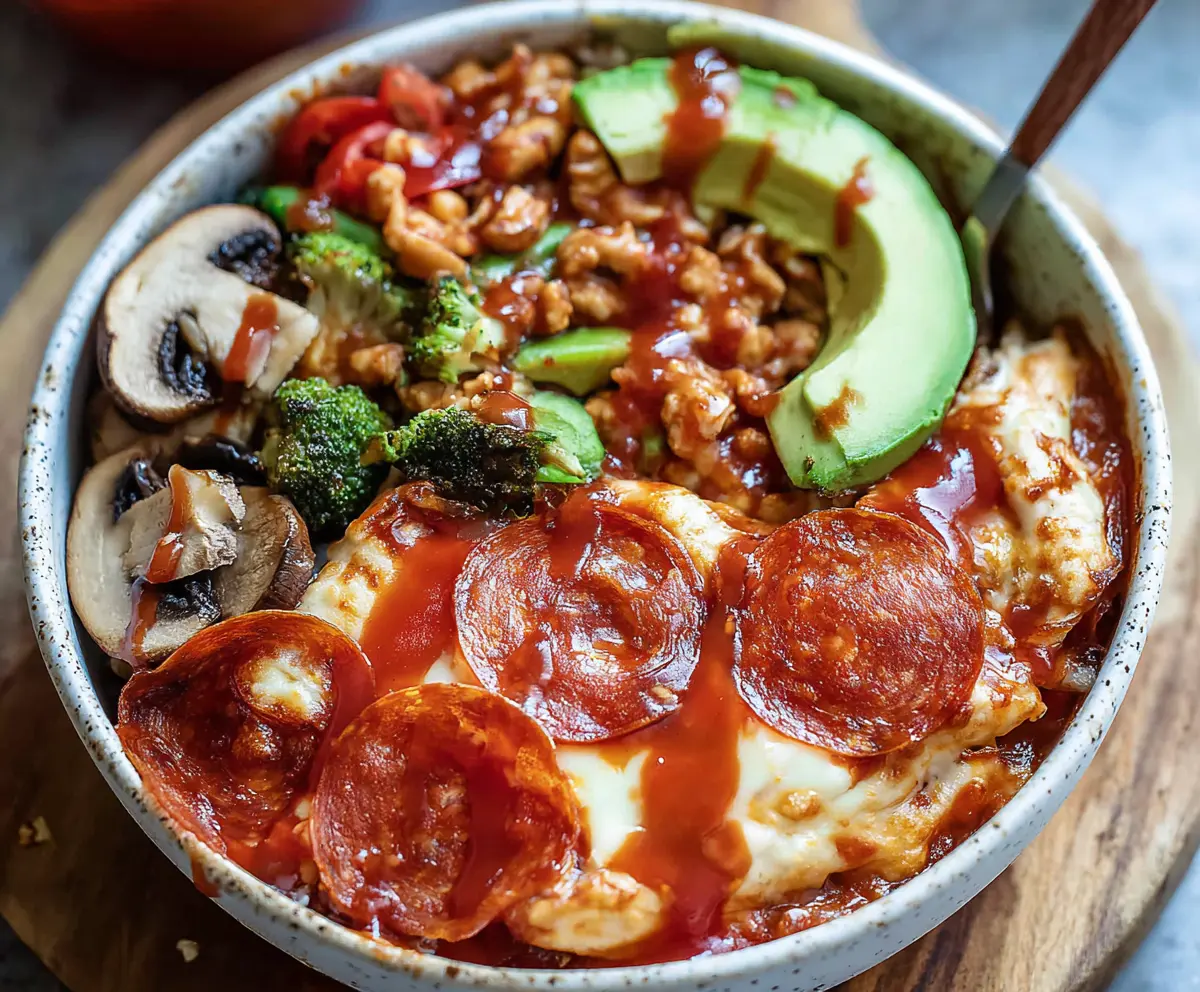 Delicious Pizza Protein Bowl featuring wholesome ingredients and cheesy toppings for a healthy meal