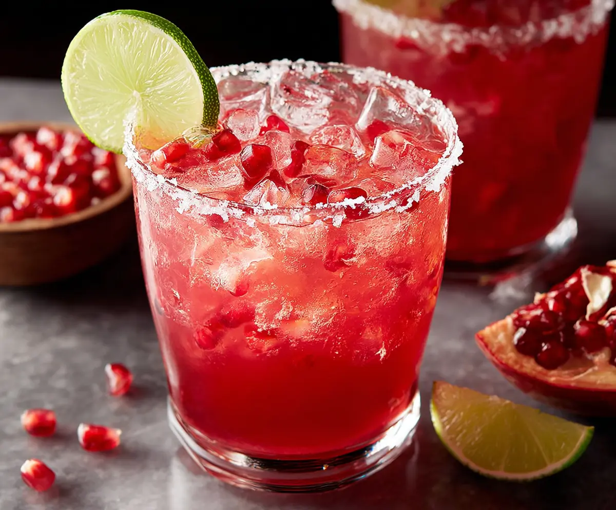 Refreshing Pomegranate Margarita in a glass garnished with lime and pomegranate seeds