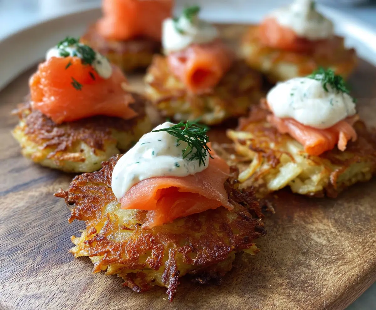 Golden potato latke bites topped with smoked salmon and a dollop of sour cream, perfect for appetizers.