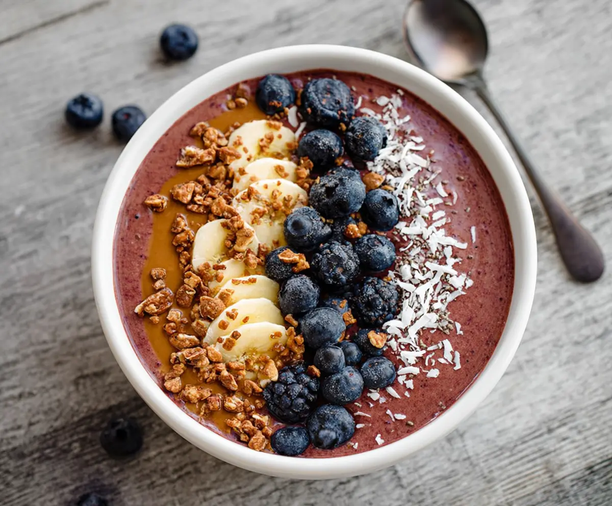 Colorful protein smoothie bowl topped with fresh fruits and nuts, perfect for a healthy breakfast.