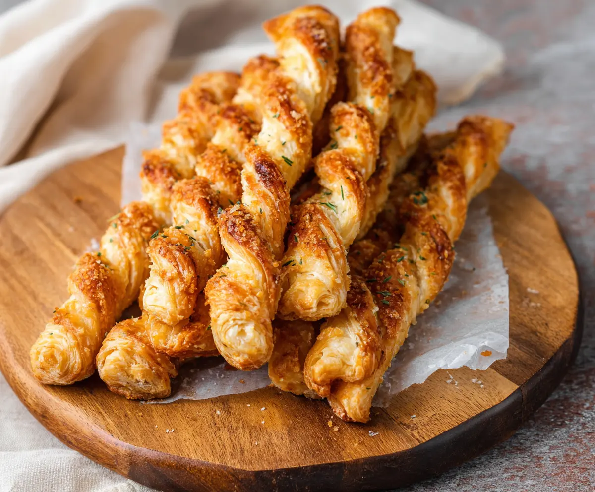 Golden Puff Pastry Parmesan Twists served on a rustic wooden platter, garnished with fresh herbs.