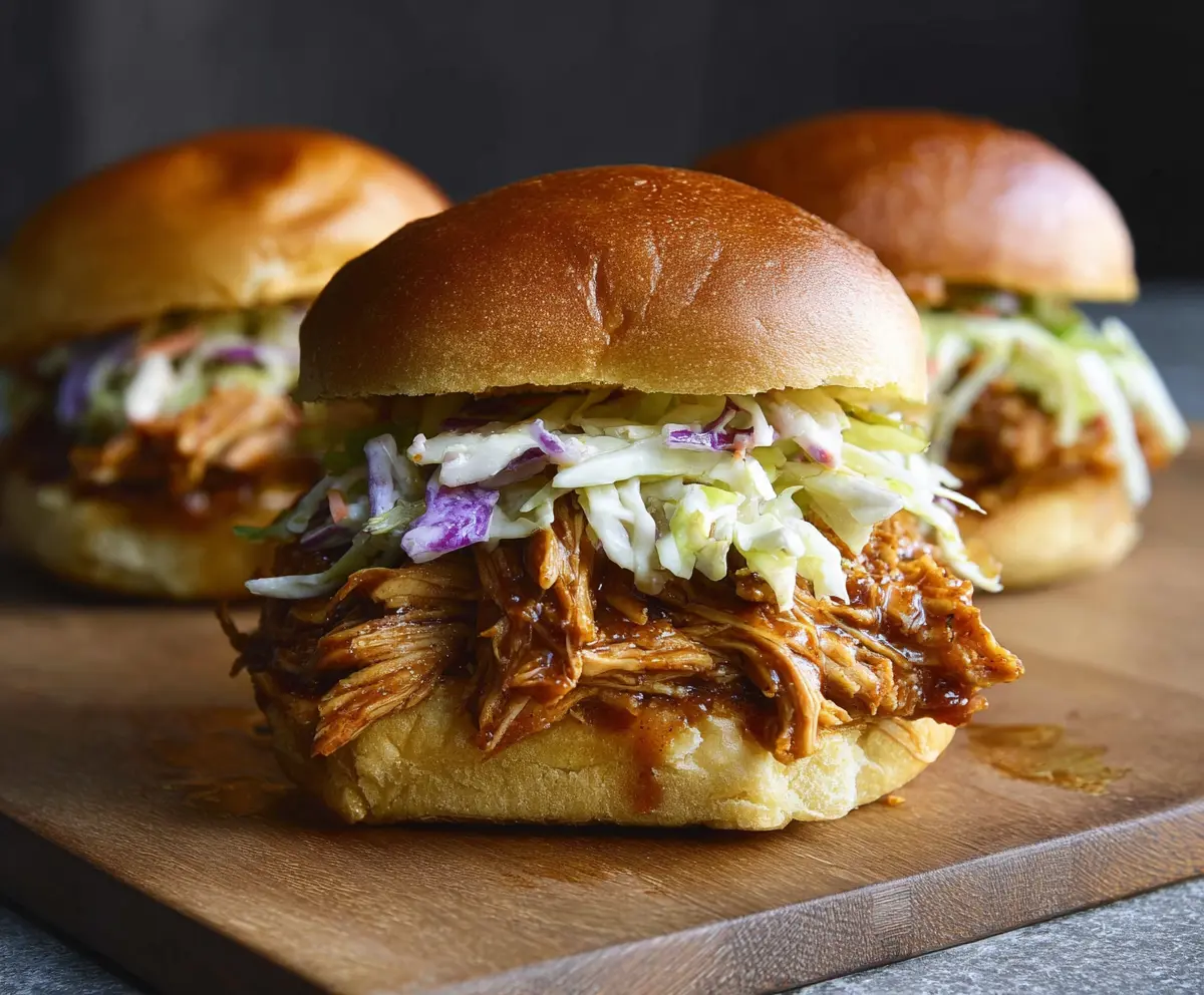 Delicious pulled chicken sandwiches topped with fresh toppings on a plate.