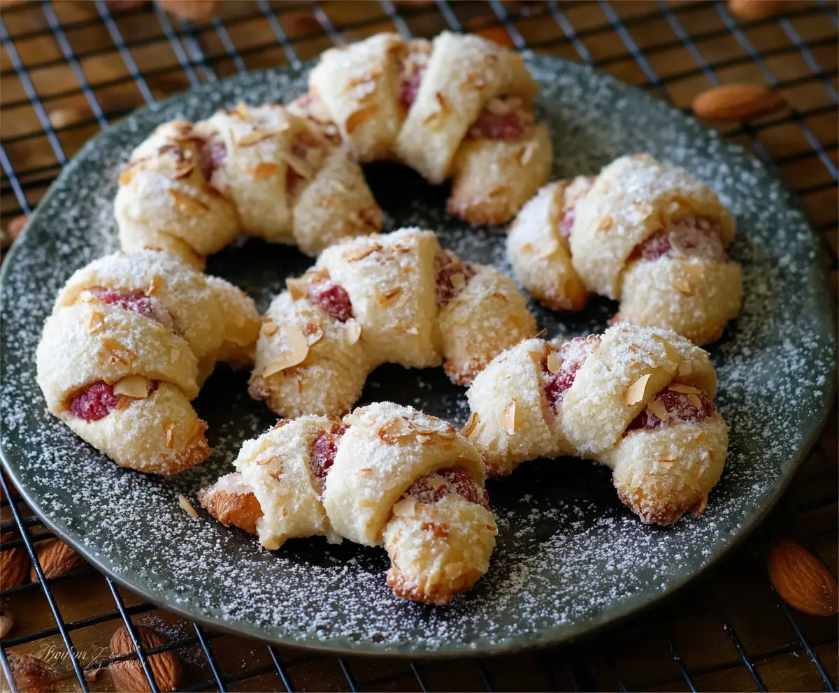 Delicious Raspberry Almond Crescent Cookies garnished with fresh almonds and vibrant raspberries.