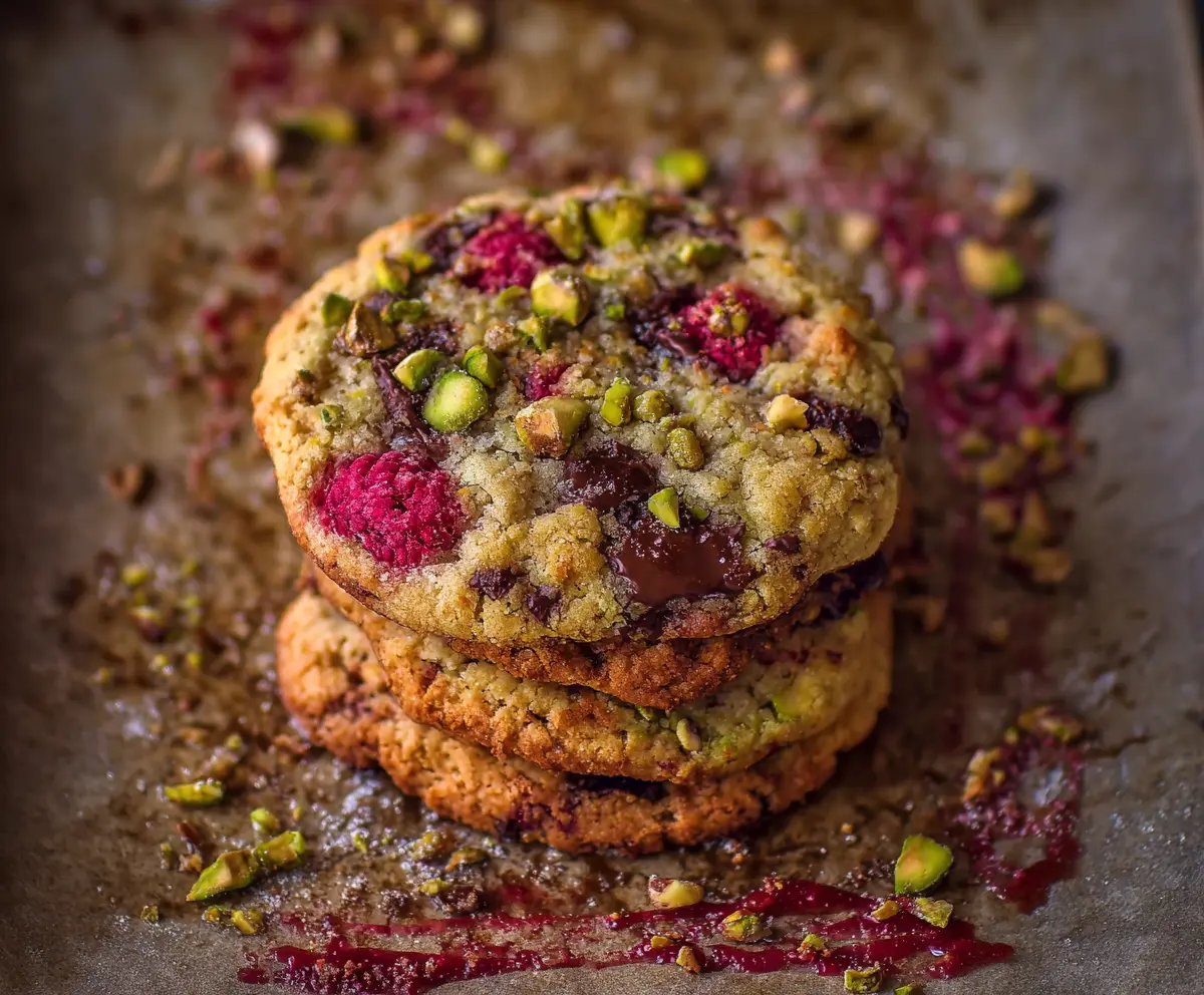 Delicious raspberry and pistachio cookies on a plate, perfect for snack time.