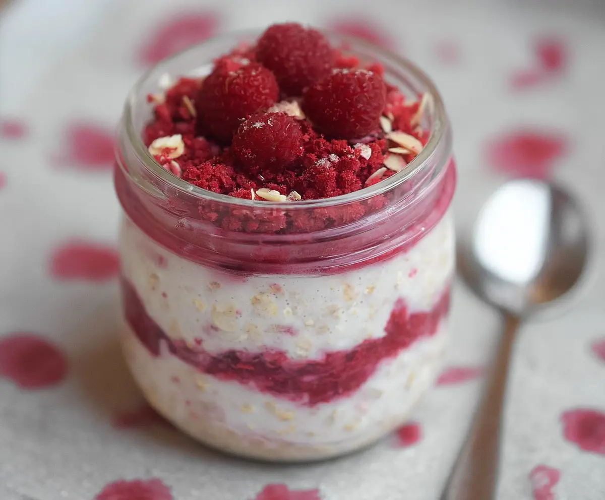 Creamy Raspberry Cheesecake Overnight Oats in a glass jar topped with fresh raspberries and a mint leaf.