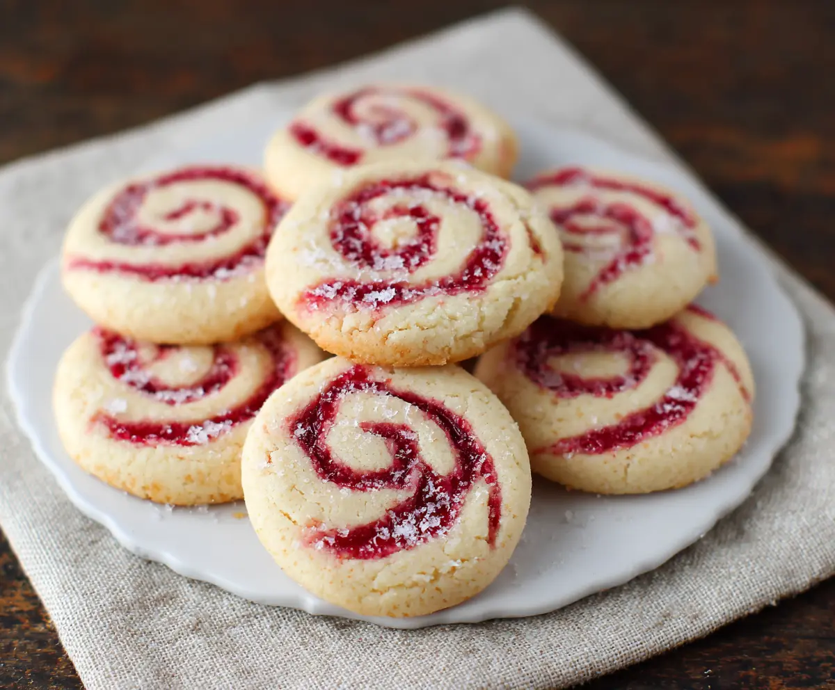 Delicious Raspberry Swirl Cookies with vibrant red raspberry filling and golden baked exterior.