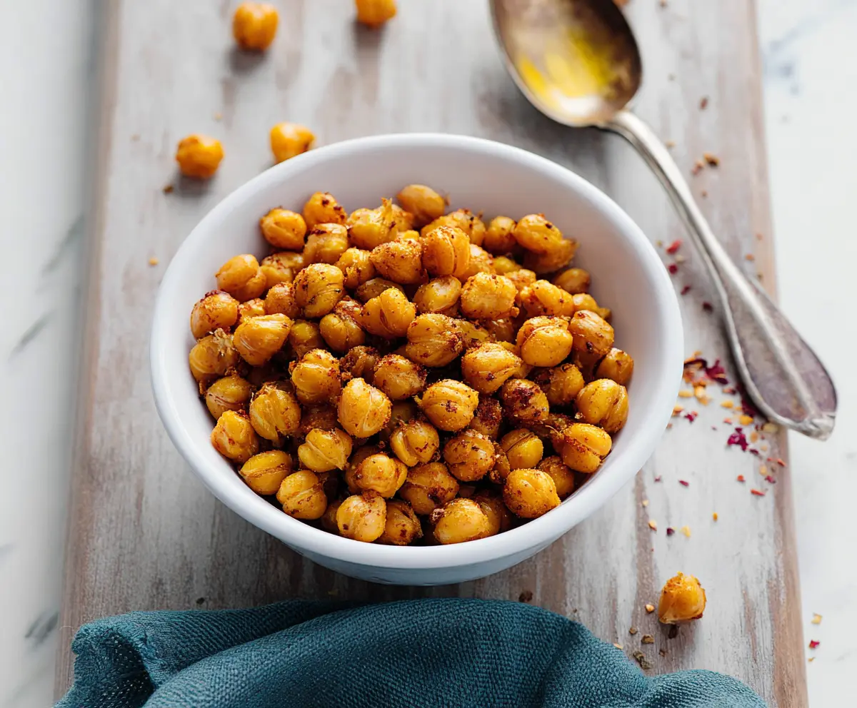 Crispy roasted chickpeas seasoned with spices, perfect healthy snack option.
