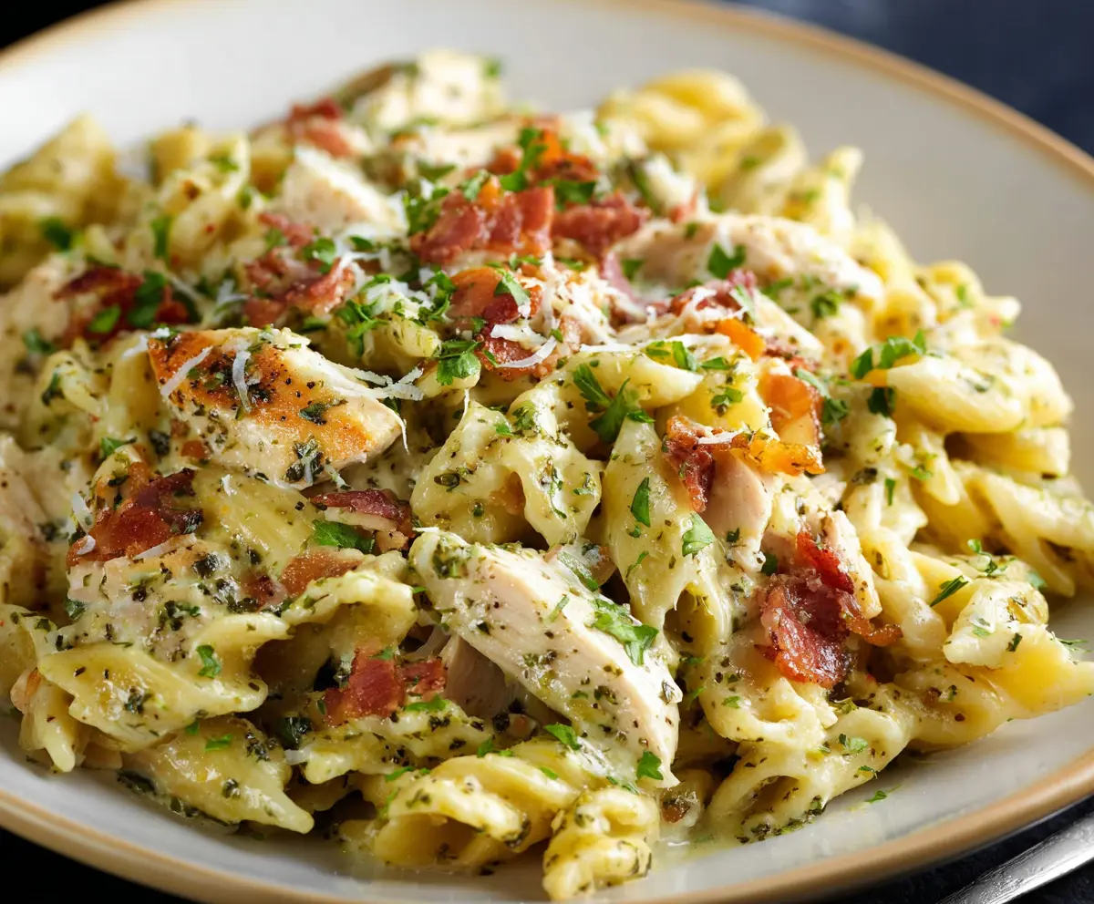 Delicious rotisserie chicken pasta dish with creamy sauce and fresh herbs
