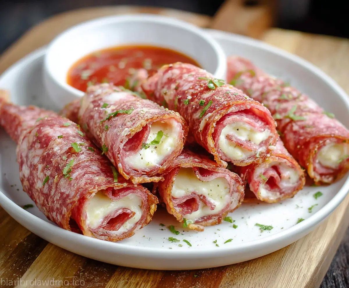 Delicious salami roll-ups filled with cheese and herbs, perfect as an appetizer or snack.