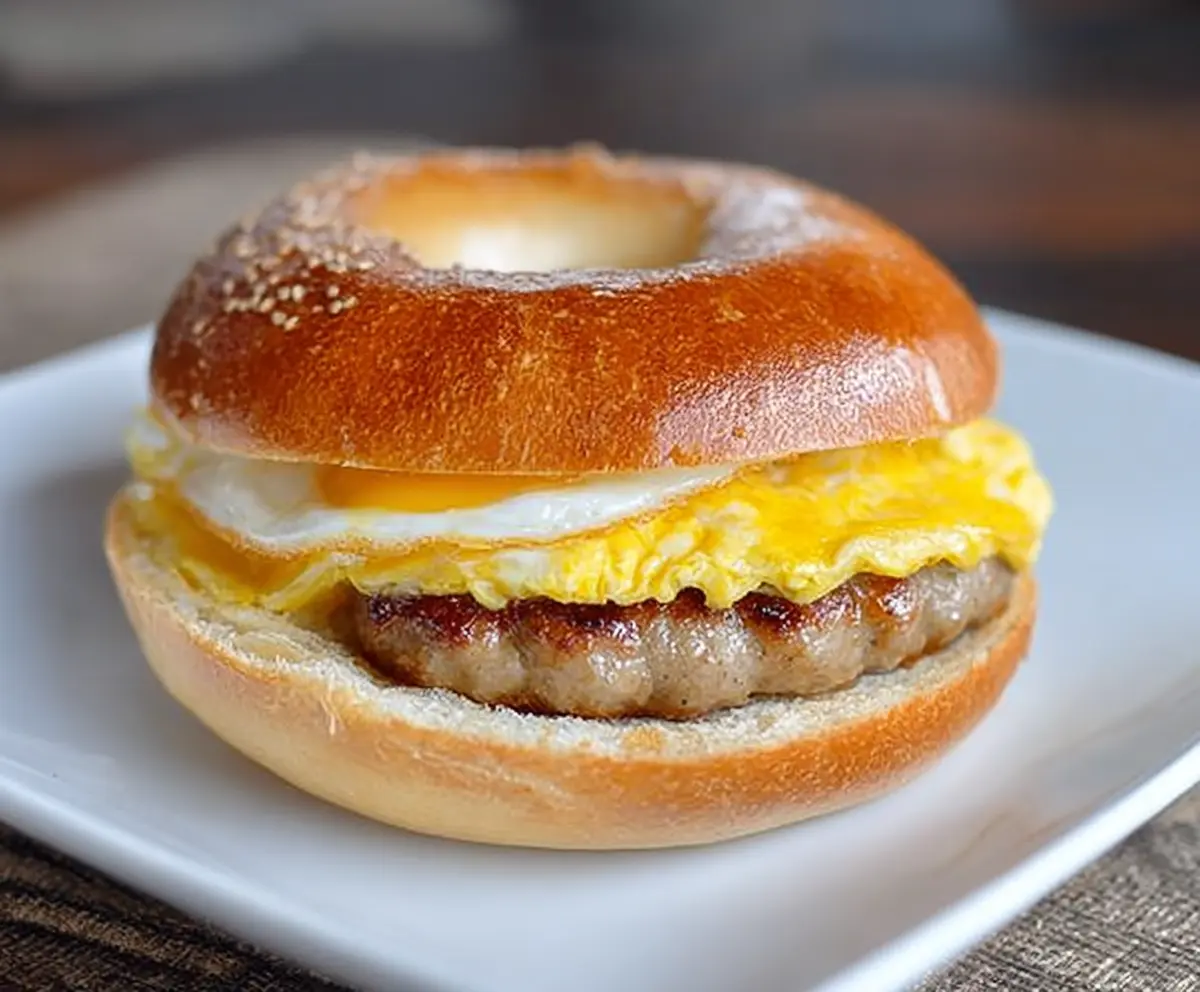 Delicious sausage and egg breakfast bagel with melted cheese on a toasted bagel.