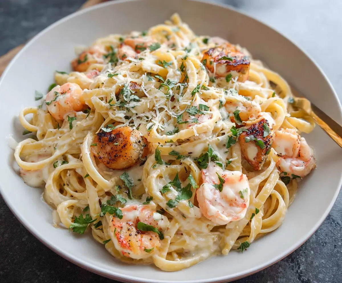 Creamy Seafood Alfredo Pasta with shrimp and scallops, garnished with herbs on a white plate.
