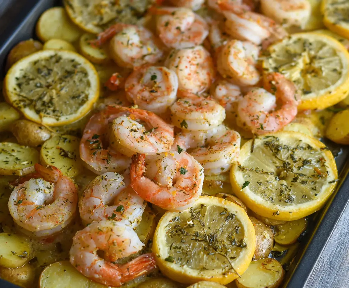 Delicious sheet pan lemon herb shrimp served on a platter with fresh herbs