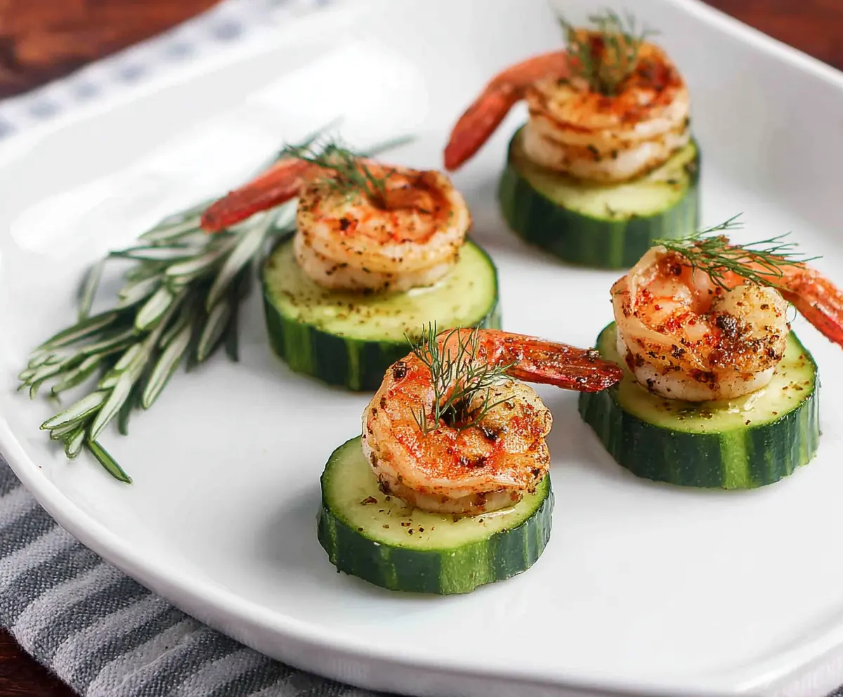 Delicious shrimp and cucumber bites served on a platter, perfect for appetizers or parties.
