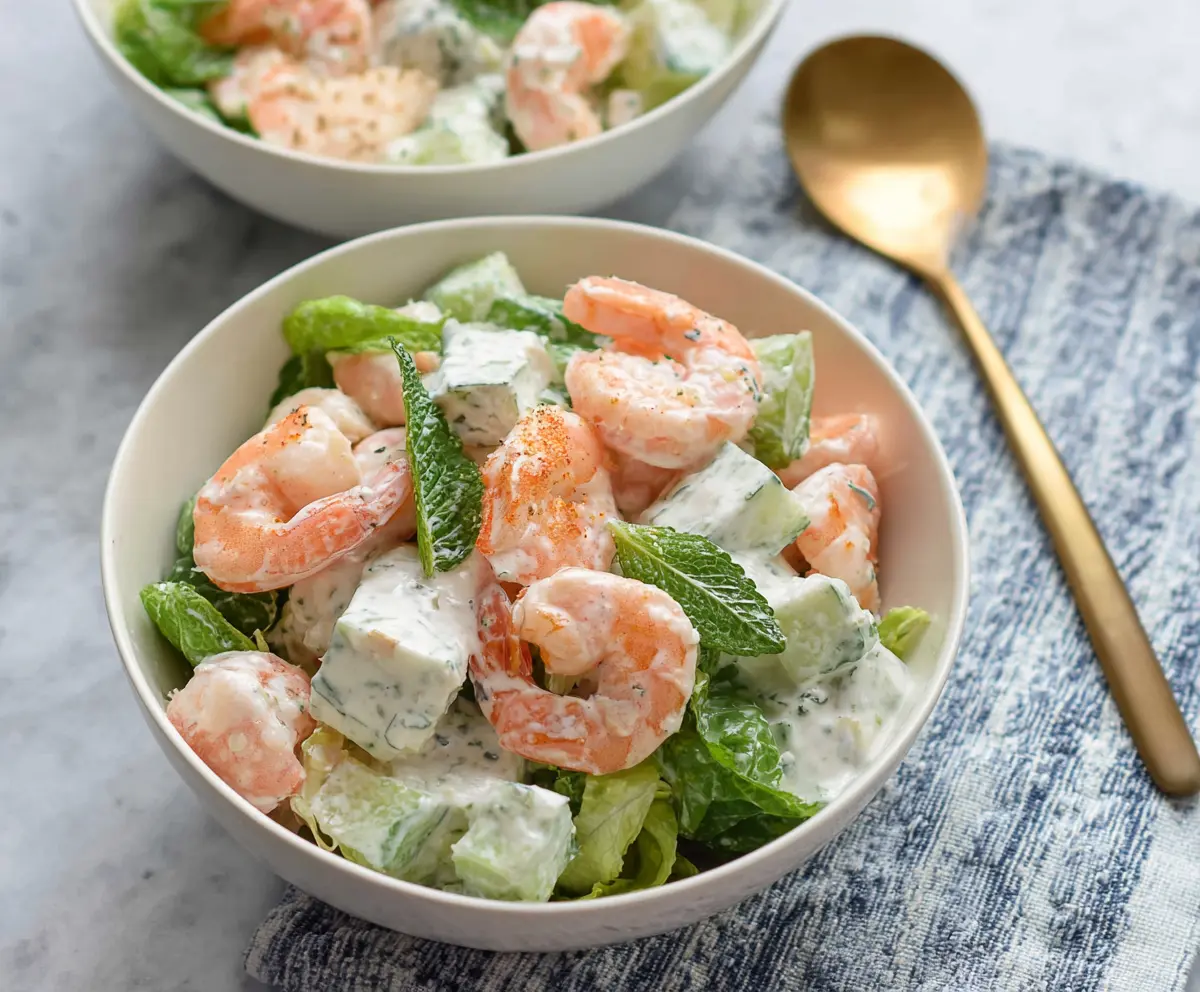 Fresh shrimp salad with creamy yogurt dressing, featuring colorful vegetables and herbs.