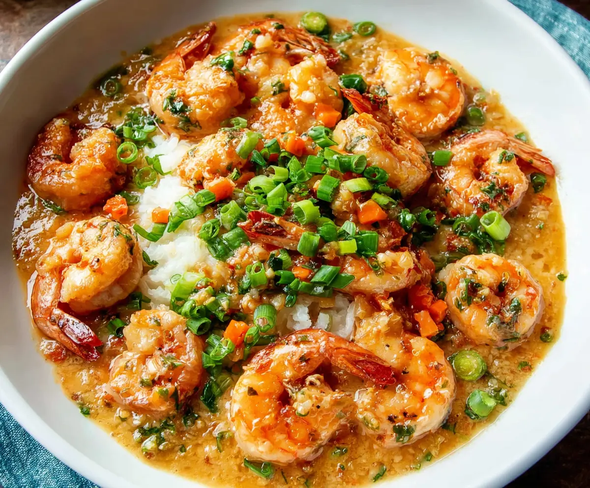 Delicious shrimp with rich lobster sauce served on a white plate, perfect for seafood lovers.