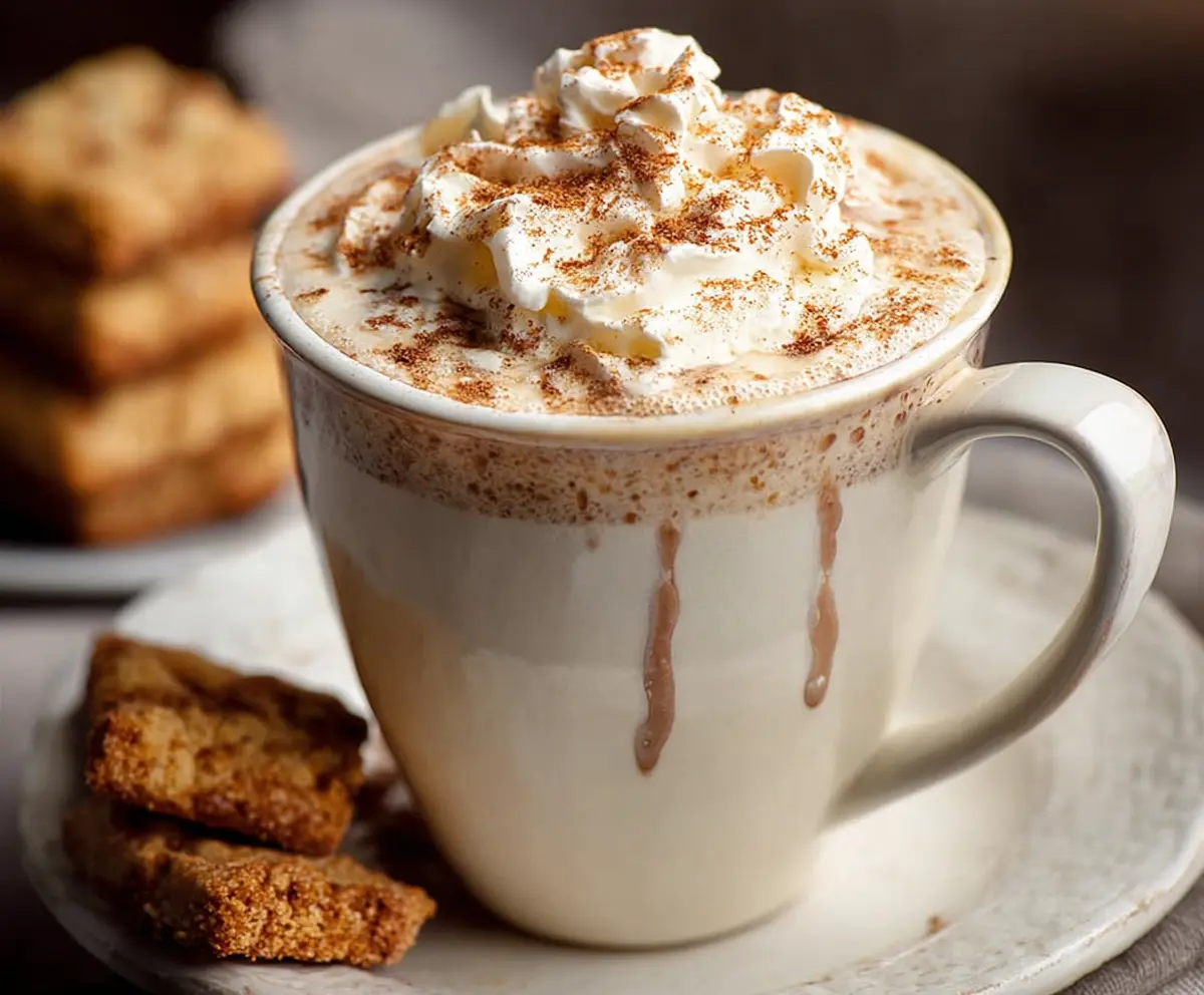 Creamy Snickerdoodle Hot Chocolate topped with cinnamon and whipped cream in a cozy mug.