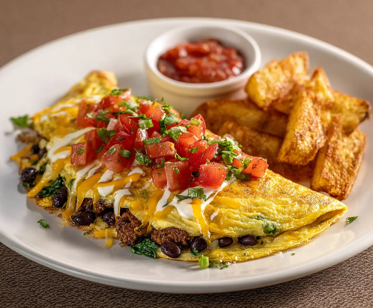 Delicious Southwest Omelet with colorful peppers and melted cheese, served on a plate for a hearty breakfast.