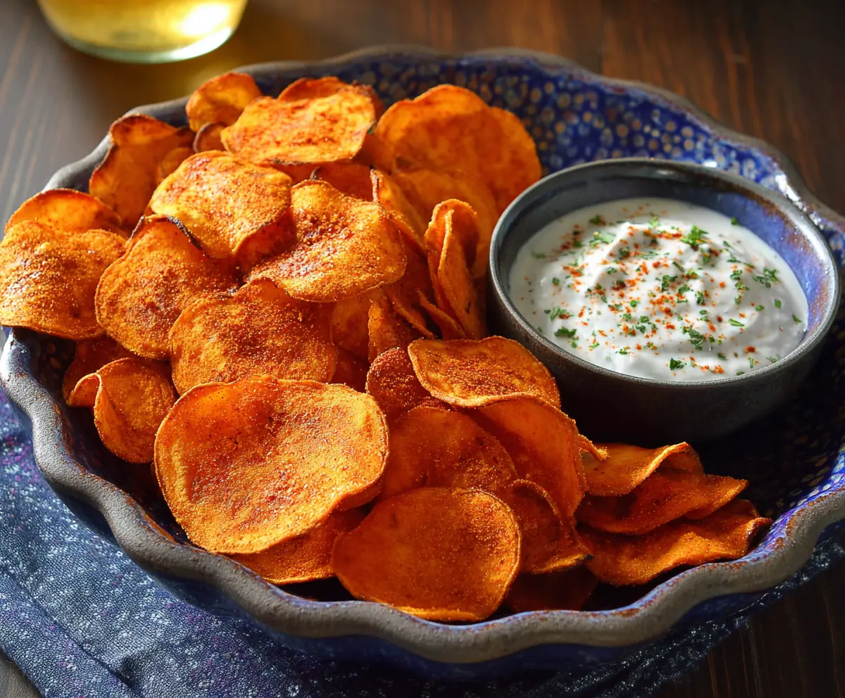 Crispy spicy sweet potato chips on a plate, perfect for a healthy snack.