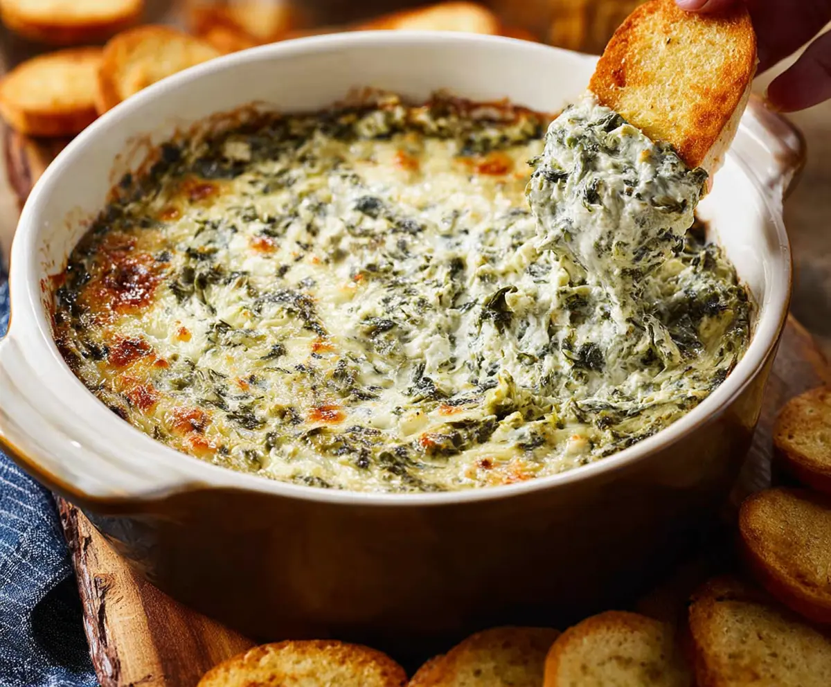 Creamy spinach and artichoke dip served with crispy chips, perfect for appetizers and parties.
