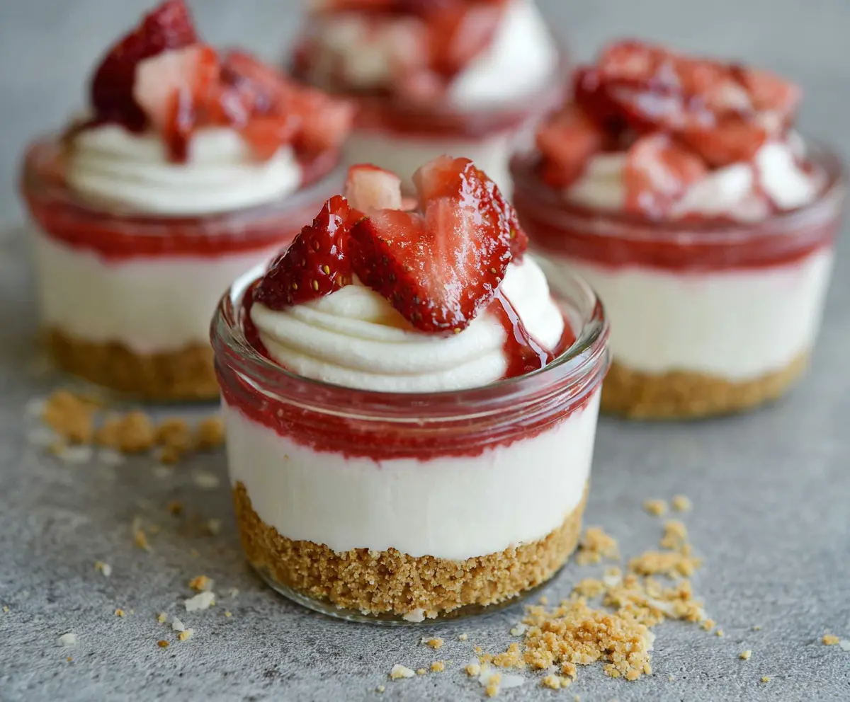 Delicious Strawberry Cheesecake Protein Cups displaying a creamy, fruity dessert with fresh strawberries on top.