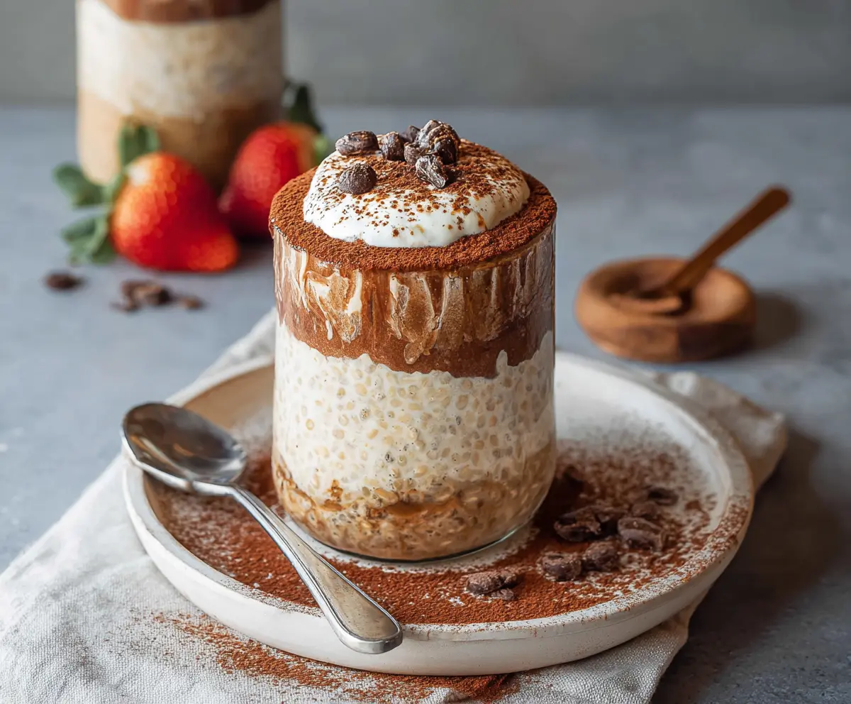 Creamy Tiramisu Overnight Oats in a glass jar topped with cocoa powder and coffee beans.